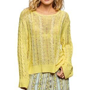 POL Sunshine Yellow Open Knit Beaded Sweater Size Small Boho Spring Pullover